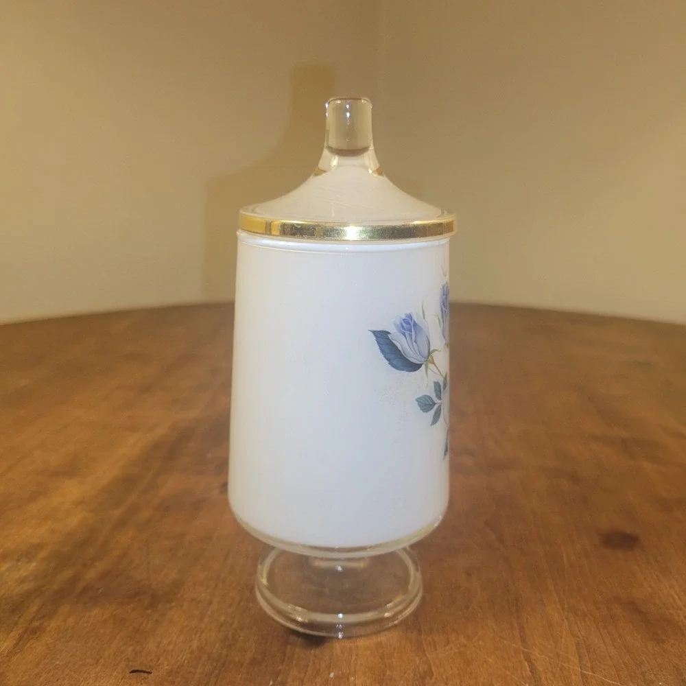 West Virginia Apothecary‎ Jar With Blue Roses Lidded Pedestal Apothecary Jar